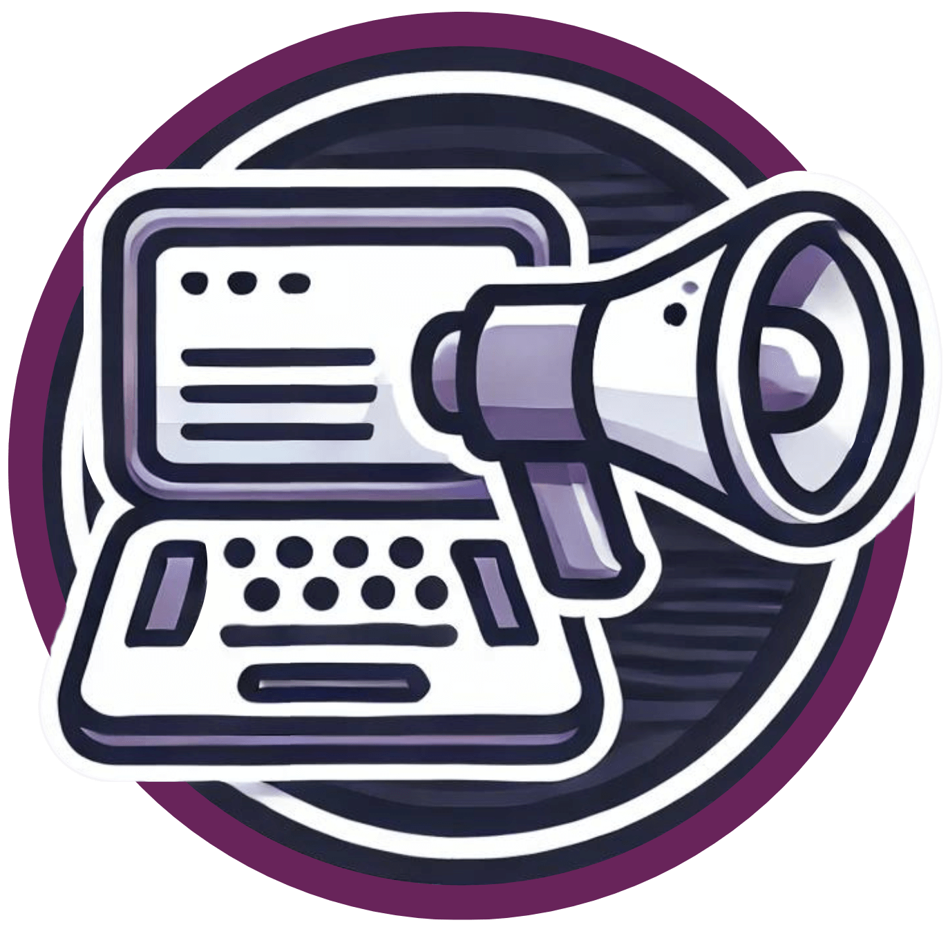 Circular branded icon of a megaphone emerging from a laptop.
